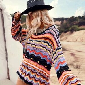 LanaWest Women's Colorful Wave Pattern Drop Shoulder Sweater, Size L